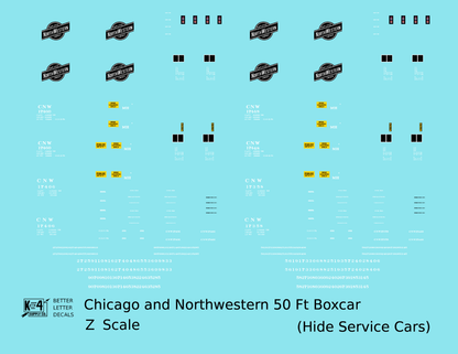 Chicago and North Western 50 Ft Boxcar White Hide Service Cars - Decal - Choose Scale