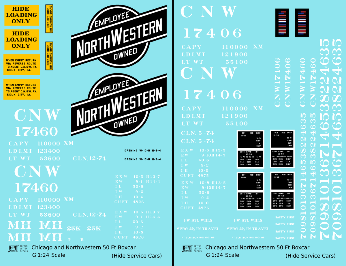 Chicago and North Western 50 Ft Boxcar White Hide Service Cars - Decal - Choose Scale