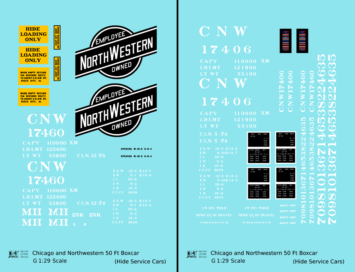 Chicago and North Western 50 Ft Boxcar White Hide Service Cars - Decal - Choose Scale