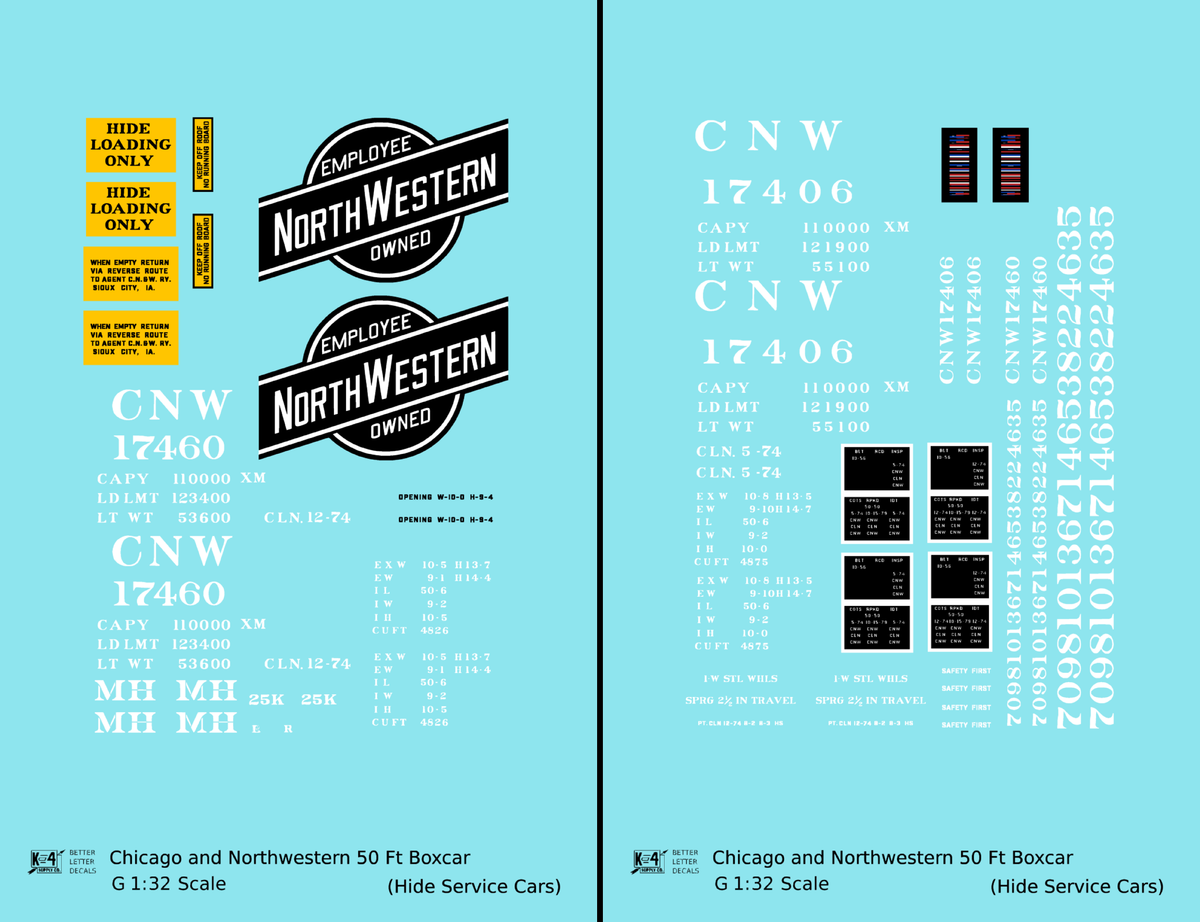 Chicago and North Western 50 Ft Boxcar White Hide Service Cars - Decal - Choose Scale