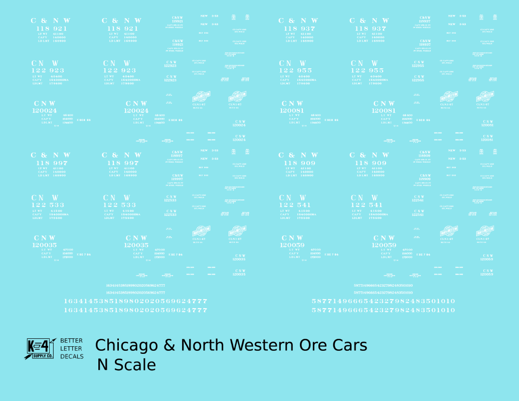 Chicago and North Western Ore Jenny Car White  - Decal - Choose Scale