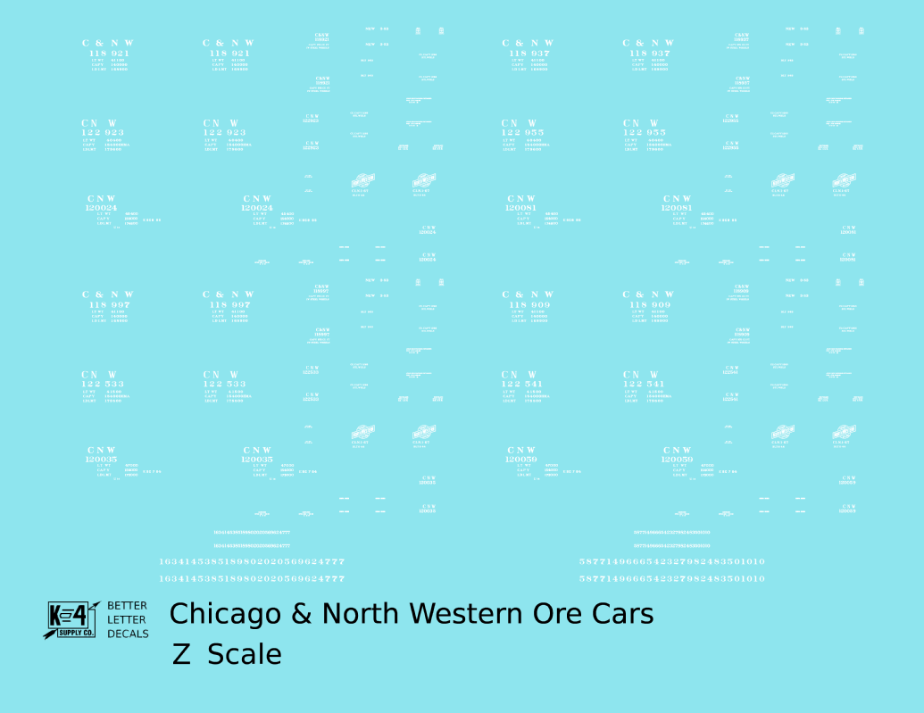 Chicago and North Western Ore Jenny Car White  - Decal - Choose Scale