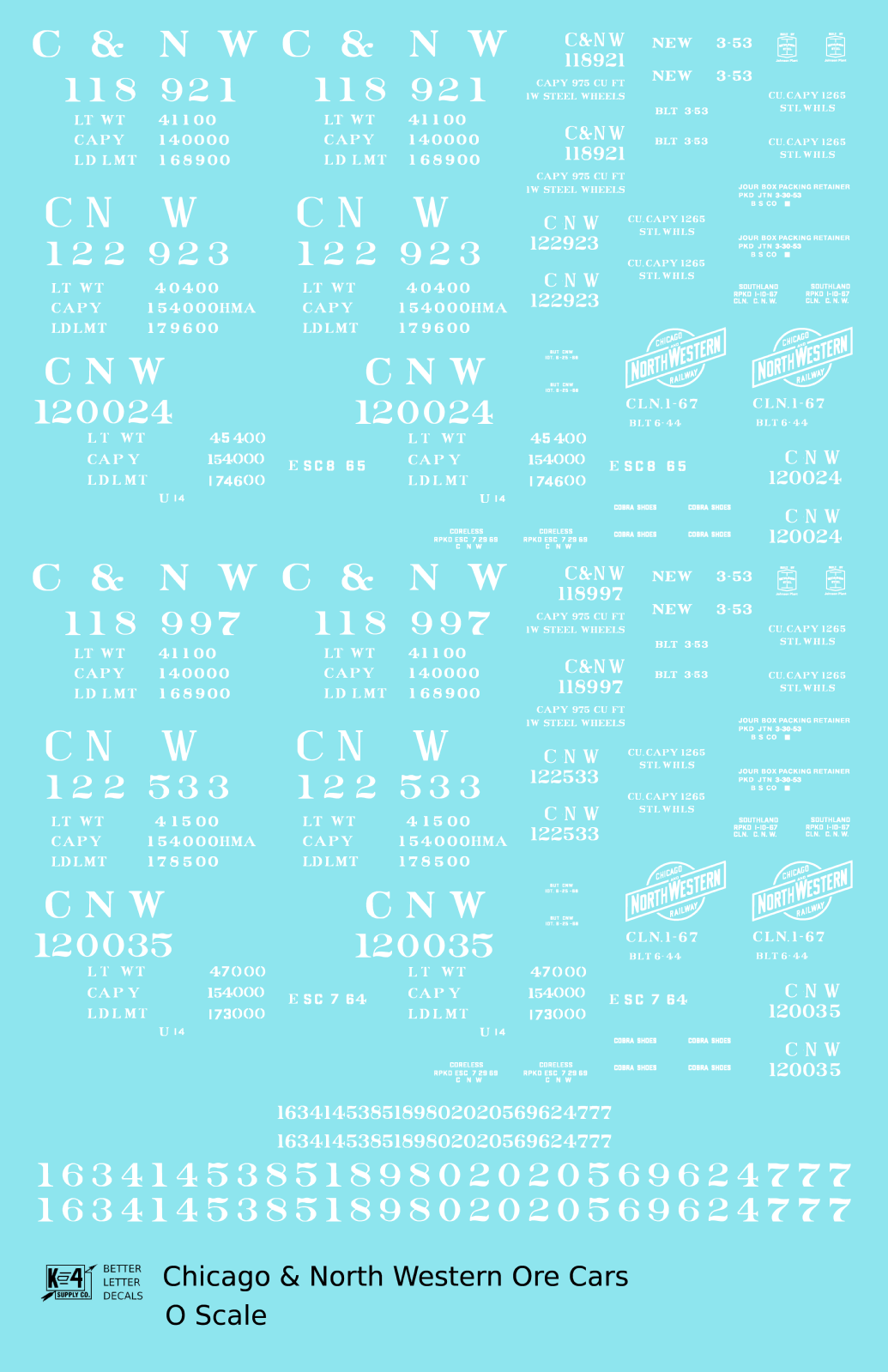 Chicago and North Western Ore Jenny Car White  - Decal Sheet