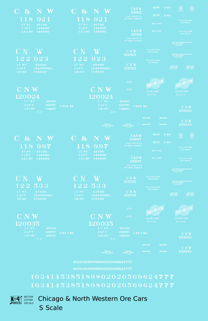 Chicago and North Western Ore Jenny Car White  - Decal - Choose Scale