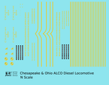 Chesapeake and Ohio ALCO Diesel Locomotive Yellow Roman Lettering - Decal - Choose Scale