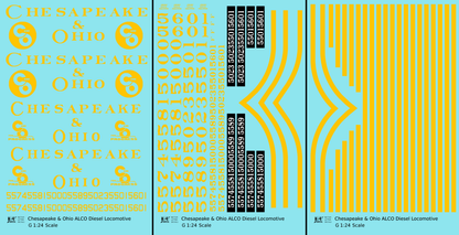 Chesapeake and Ohio ALCO Diesel Locomotive Yellow Roman Lettering - Decal - Choose Scale