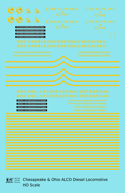 Chesapeake and Ohio ALCO Diesel Locomotive Yellow Roman Lettering - Decal Sheet
