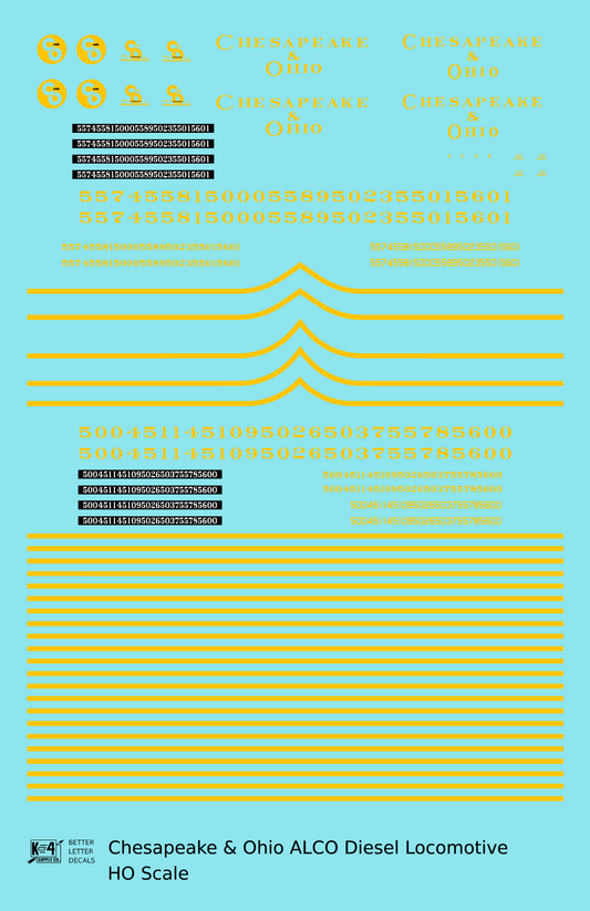 Chesapeake and Ohio ALCO Diesel Locomotive Yellow Roman Lettering - Decal Sheet