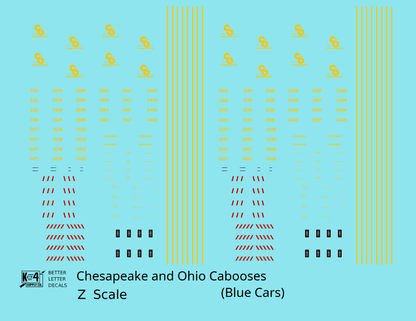 Chesapeake and Ohio Blue Caboose Yellow  - Decal - Choose Scale