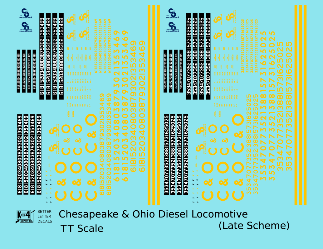 Chesapeake and Ohio Diesel Locomotive Yellow Late C & O Scheme - Decal - Choose Scale