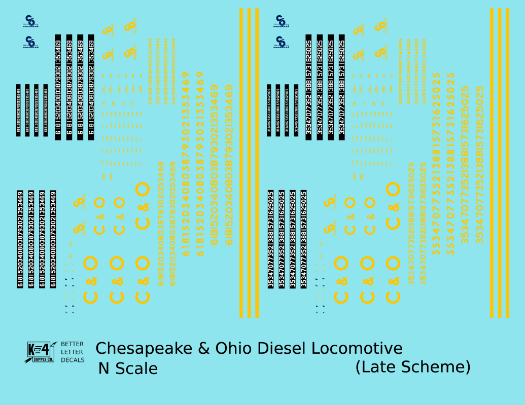 Chesapeake and Ohio Diesel Locomotive Yellow Late C & O Scheme - Decal - Choose Scale