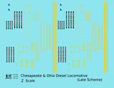 Chesapeake and Ohio Diesel Locomotive Yellow Late C & O Scheme - Decal - Choose Scale