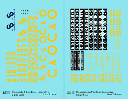Chesapeake and Ohio Diesel Locomotive Yellow Late C & O Scheme - Decal - Choose Scale