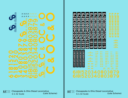 Chesapeake and Ohio Diesel Locomotive Yellow Late C & O Scheme - Decal - Choose Scale