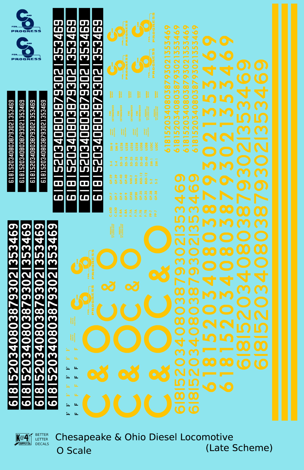 Chesapeake and Ohio Diesel Locomotive Yellow Late C & O Scheme - Decal Sheet