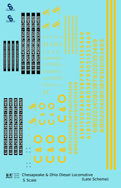 Chesapeake and Ohio Diesel Locomotive Yellow Late C & O Scheme - Decal - Choose Scale