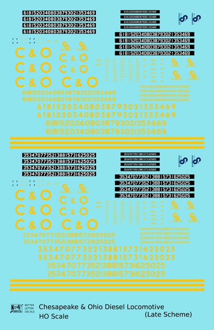Chesapeake and Ohio Diesel Locomotive Yellow Late C & O Scheme - Decal - Choose Scale