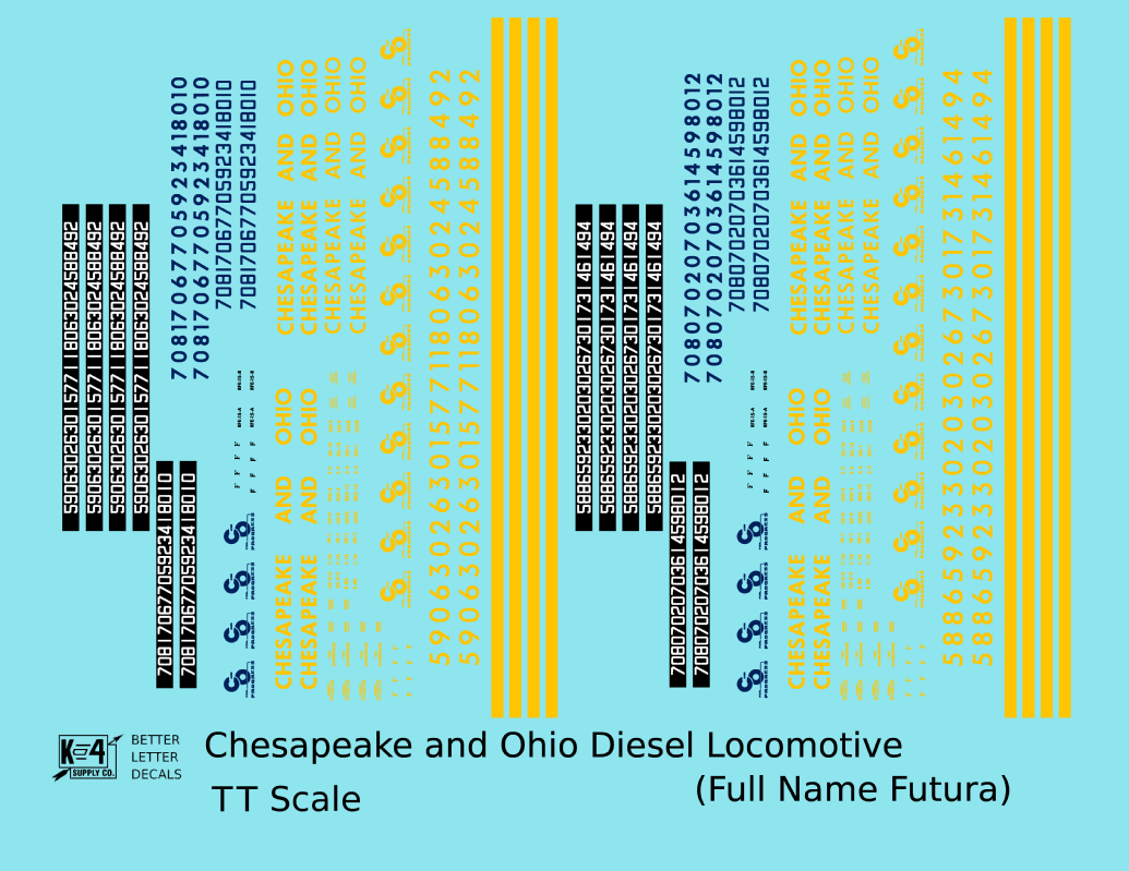 Chesapeake and Ohio Diesel Locomotive Yellow Full Name Futura - Decal - Choose Scale