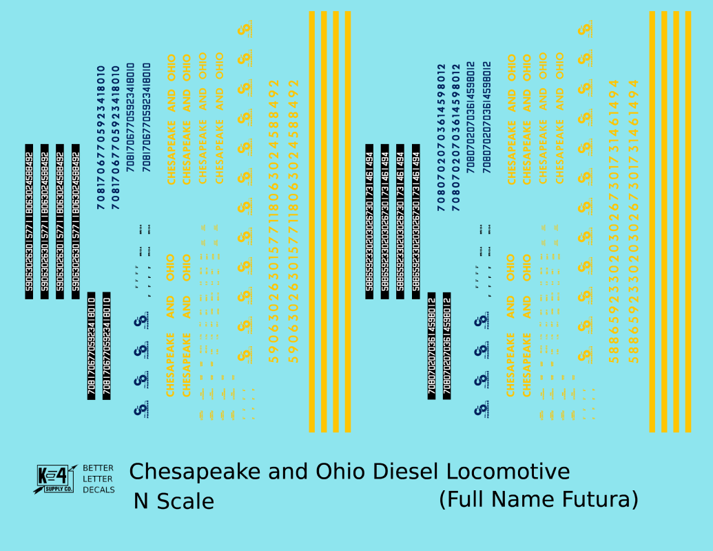 Chesapeake and Ohio Diesel Locomotive Yellow Full Name Futura - Decal - Choose Scale