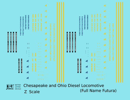 Chesapeake and Ohio Diesel Locomotive Yellow Full Name Futura - Decal - Choose Scale
