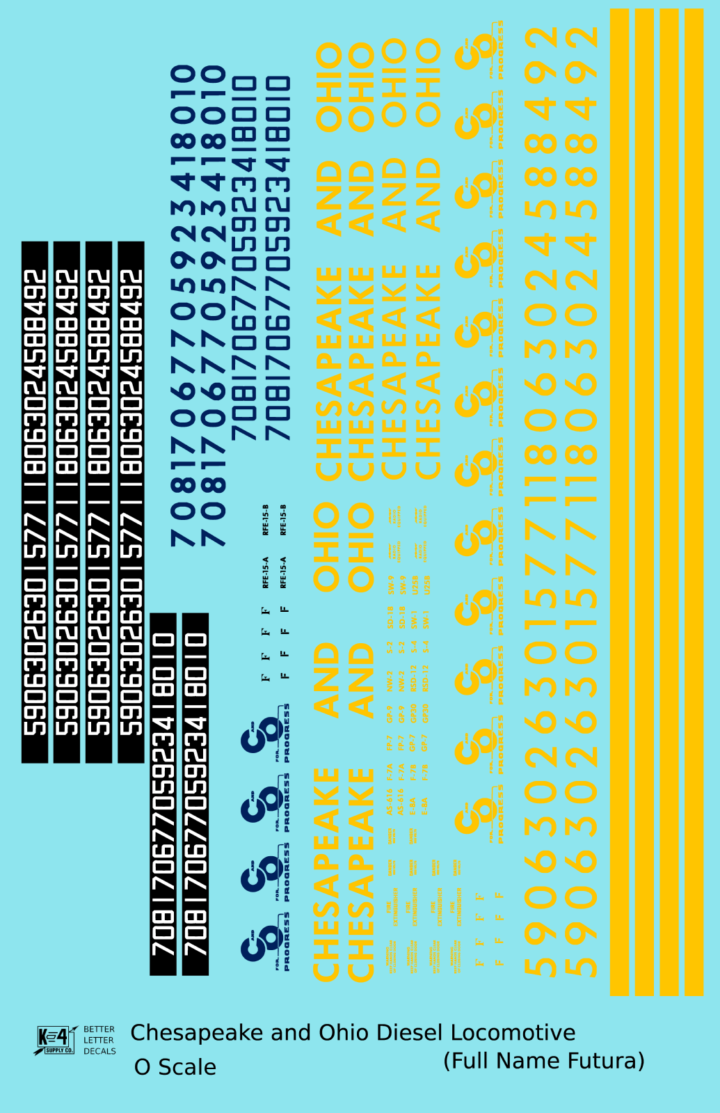 Chesapeake and Ohio Diesel Locomotive Yellow Full Name Futura - Decal Sheet