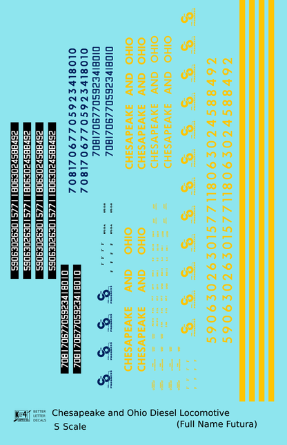 Chesapeake and Ohio Diesel Locomotive Yellow Full Name Futura - Decal - Choose Scale