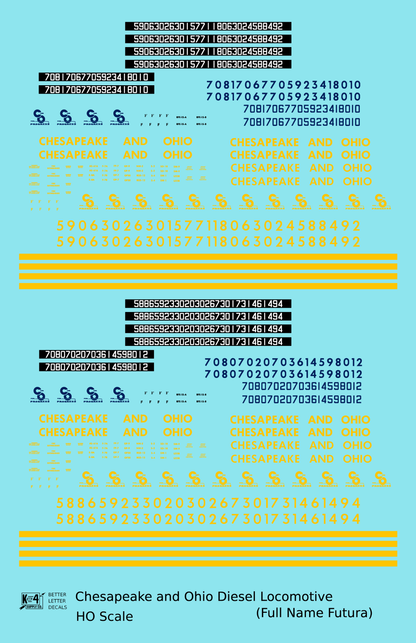 Chesapeake and Ohio Diesel Locomotive Yellow Full Name Futura - Decal - Choose Scale