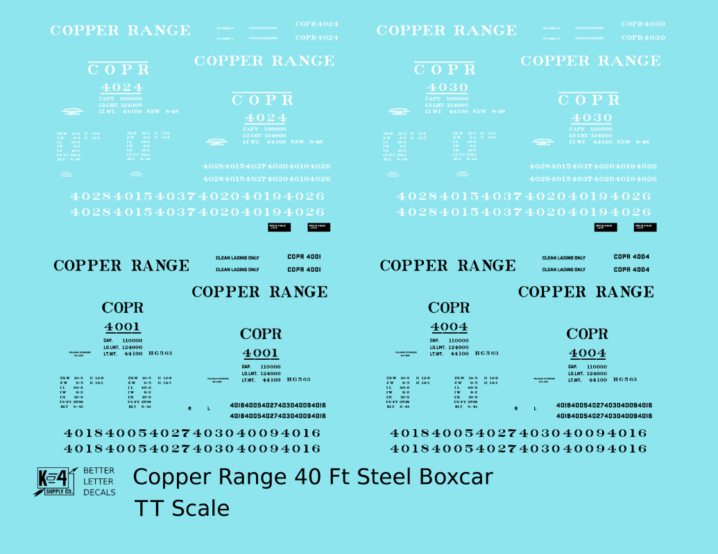 Copper Range 40 Ft Single Door Boxcar Black and White  - Decal - Choose Scale