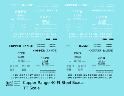 Copper Range 40 Ft Single Door Boxcar Black and White  - Decal - Choose Scale