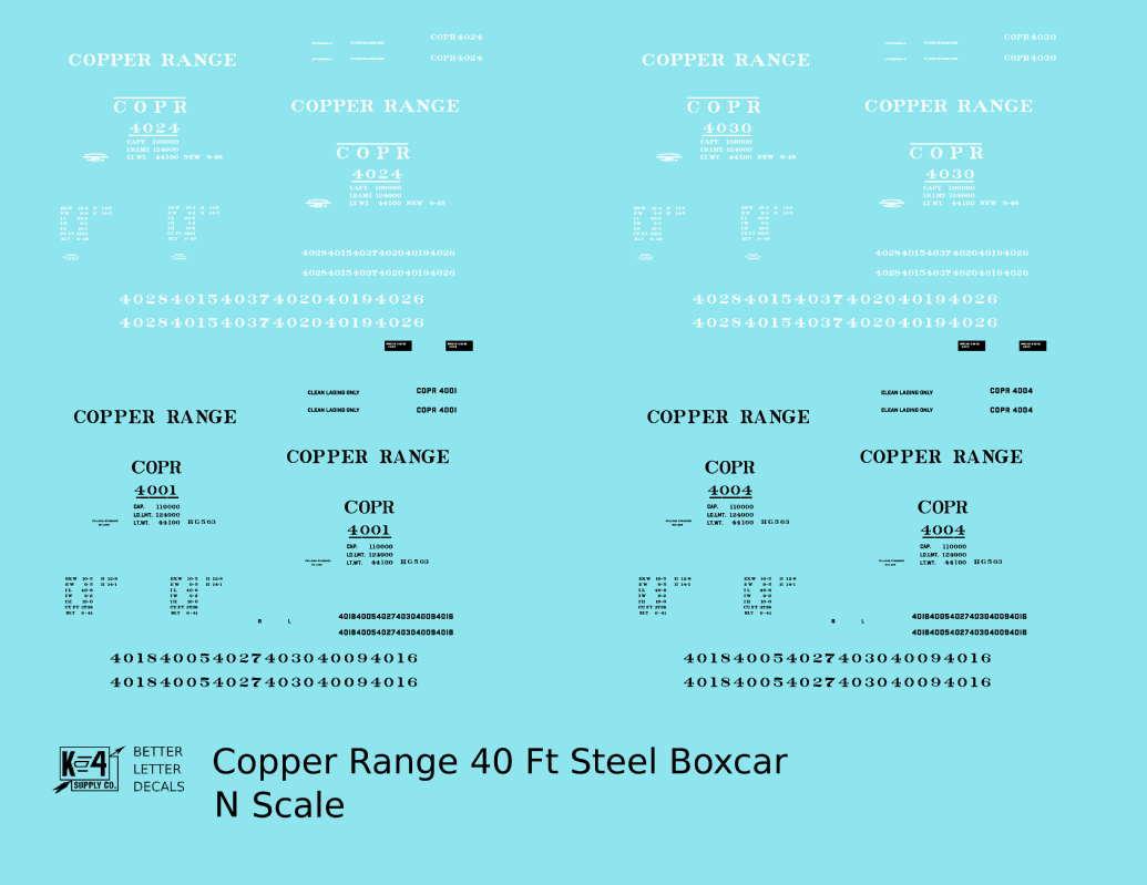 Copper Range 40 Ft Single Door Boxcar Black and White  - Decal - Choose Scale