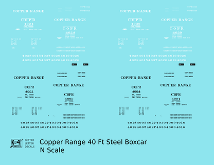 Copper Range 40 Ft Single Door Boxcar Black and White  - Decal - Choose Scale