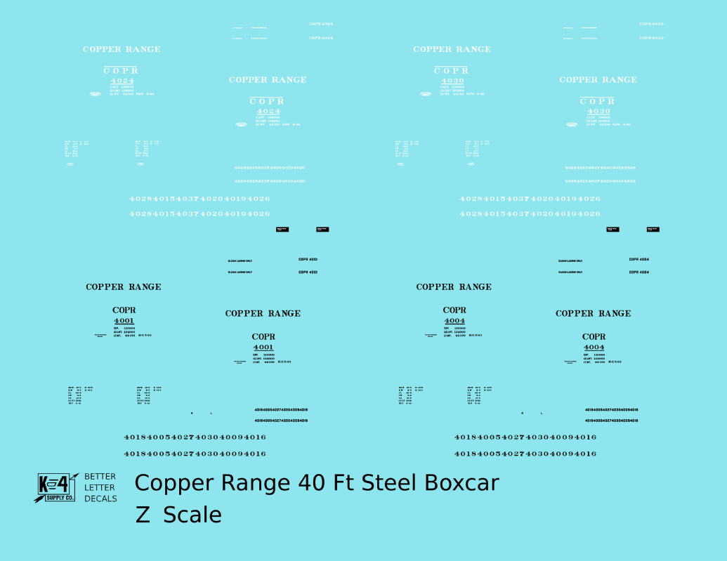 Copper Range 40 Ft Single Door Boxcar Black and White  - Decal - Choose Scale