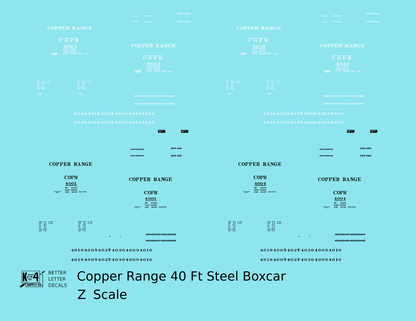 Copper Range 40 Ft Single Door Boxcar Black and White  - Decal - Choose Scale