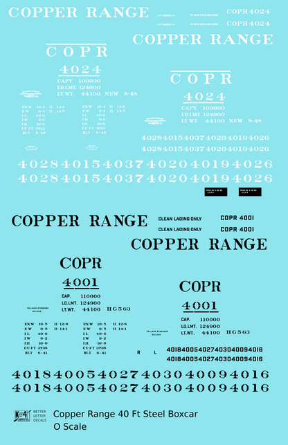 Copper Range 40 Ft Single Door Boxcar Black and White  - Decal Sheet