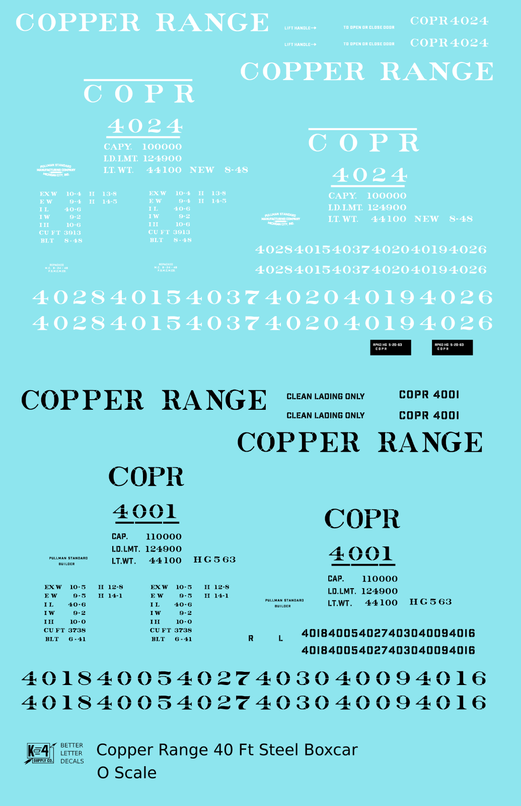 Copper Range 40 Ft Single Door Boxcar Black and White  - Decal - Choose Scale
