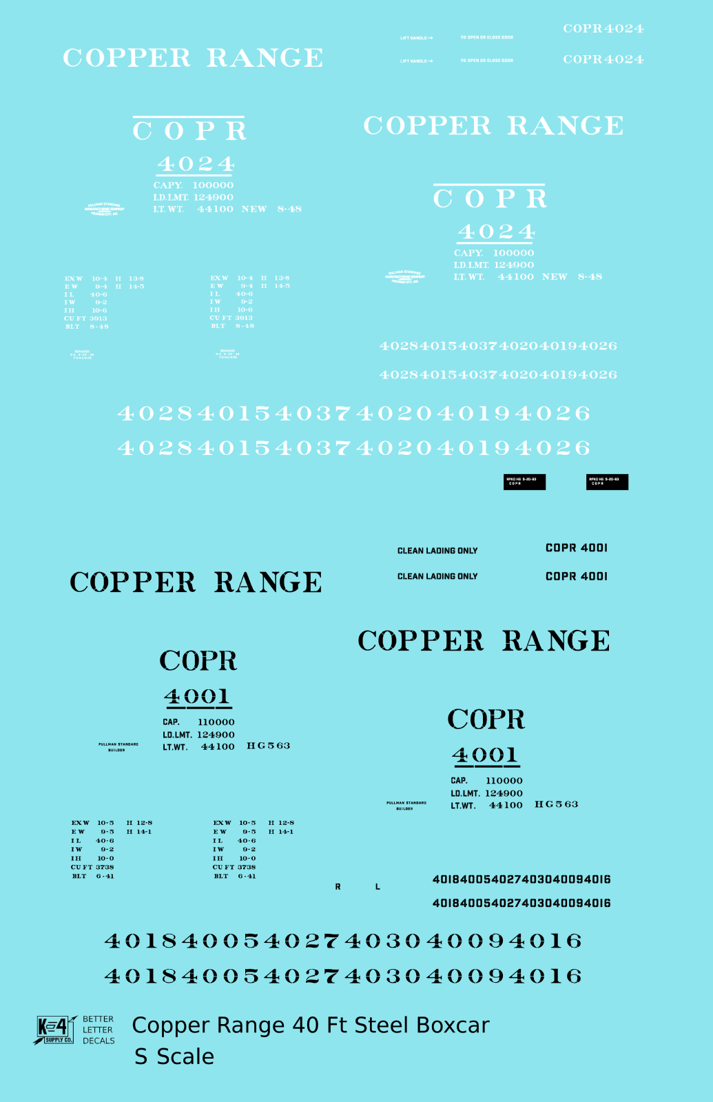 Copper Range 40 Ft Single Door Boxcar Black and White  - Decal - Choose Scale