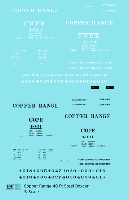 Copper Range 40 Ft Single Door Boxcar Black and White  - Decal - Choose Scale