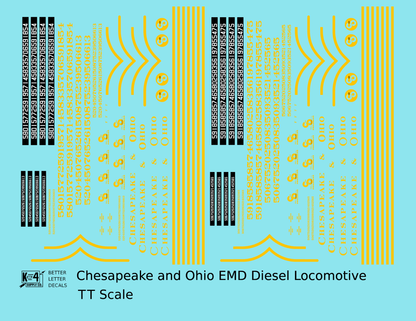Chesapeake and Ohio Diesel Locomotive Yellow Roman Lettering - Decal - Choose Scale