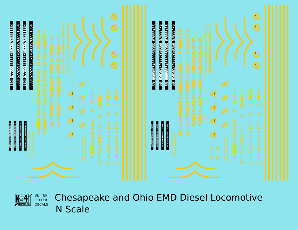 Chesapeake and Ohio Diesel Locomotive Yellow Roman Lettering - Decal - Choose Scale