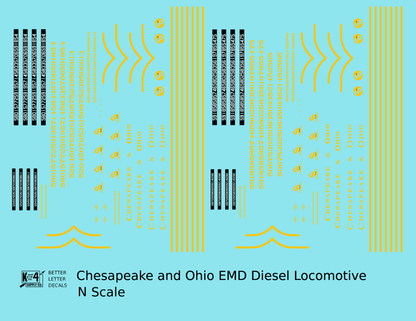 Chesapeake and Ohio Diesel Locomotive Yellow Roman Lettering - Decal - Choose Scale