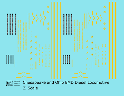 Chesapeake and Ohio Diesel Locomotive Yellow Roman Lettering - Decal - Choose Scale