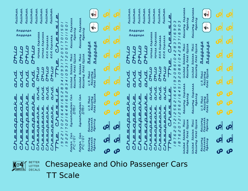 Chesapeake and Ohio Passenger Car Dark Blue  - Decal - Choose Scale