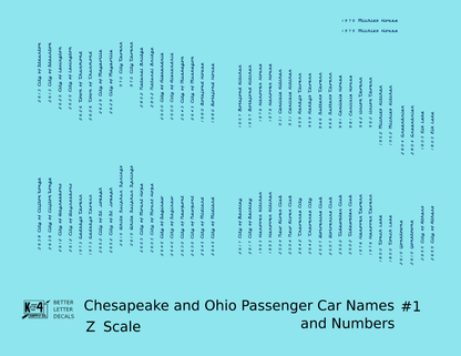 Chesapeake and Ohio Passenger Car Names Dark Blue #1 - Decal - Choose Scale