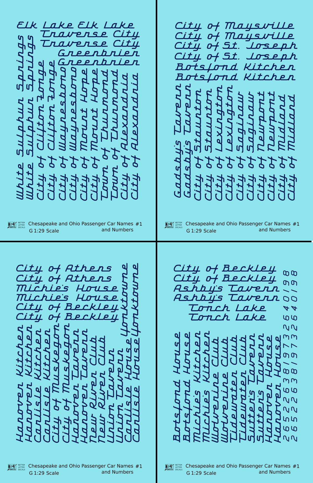 Chesapeake and Ohio Passenger Car Names Dark Blue #1 - Decal - Choose Scale