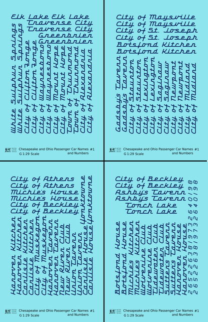 Chesapeake and Ohio Passenger Car Names Dark Blue #1 - Decal - Choose Scale