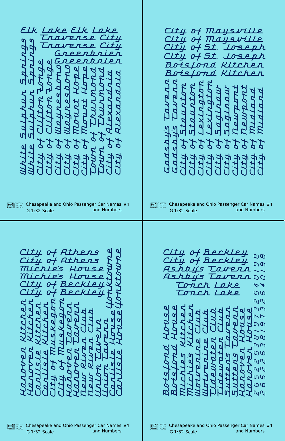 Chesapeake and Ohio Passenger Car Names Dark Blue #1 - Decal - Choose Scale