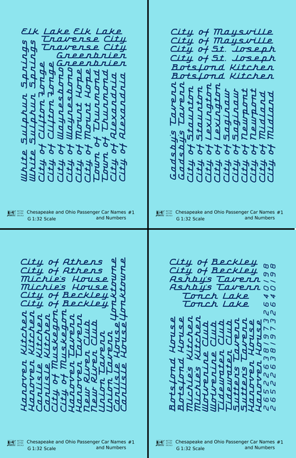Chesapeake and Ohio Passenger Car Names Dark Blue #1 - Decal - Choose Scale