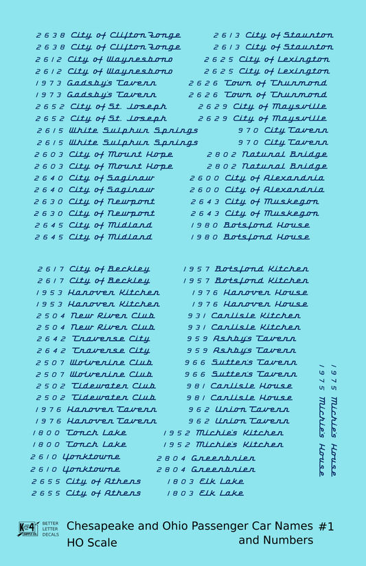 Chesapeake and Ohio Passenger Car Names Dark Blue #1 - Decal Sheet