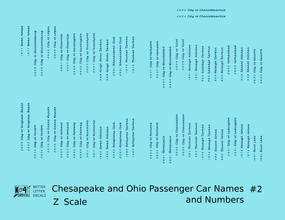 Chesapeake and Ohio Passenger Car Names Dark Blue #2 - Decal - Choose Scale