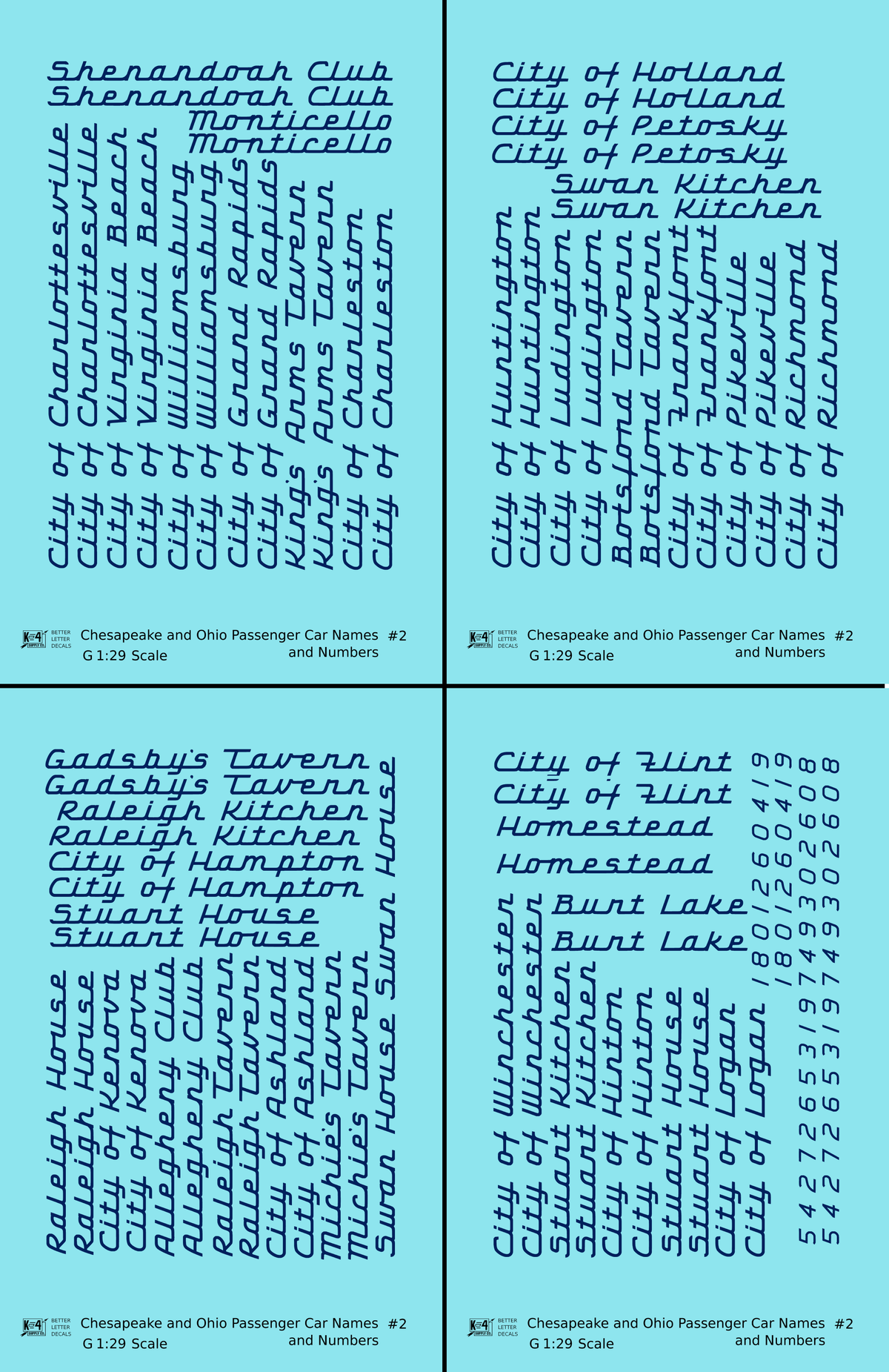 Chesapeake and Ohio Passenger Car Names Dark Blue #2 - Decal - Choose Scale